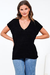 Millicent Knit Top - Relaxed V-Neck Top with Ribbed Hemline in Black