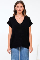 Millicent Knit Top - Relaxed V-Neck Top with Ribbed Hemline in Black