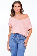Millicent Knit Top - Relaxed V-Neck Top with Ribbed Hemline in Blush