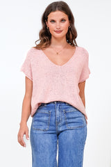 Millicent Knit Top - Relaxed V-Neck Top with Ribbed Hemline in Blush