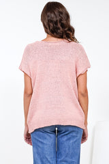 Millicent Knit Top - Relaxed V-Neck Top with Ribbed Hemline in Blush