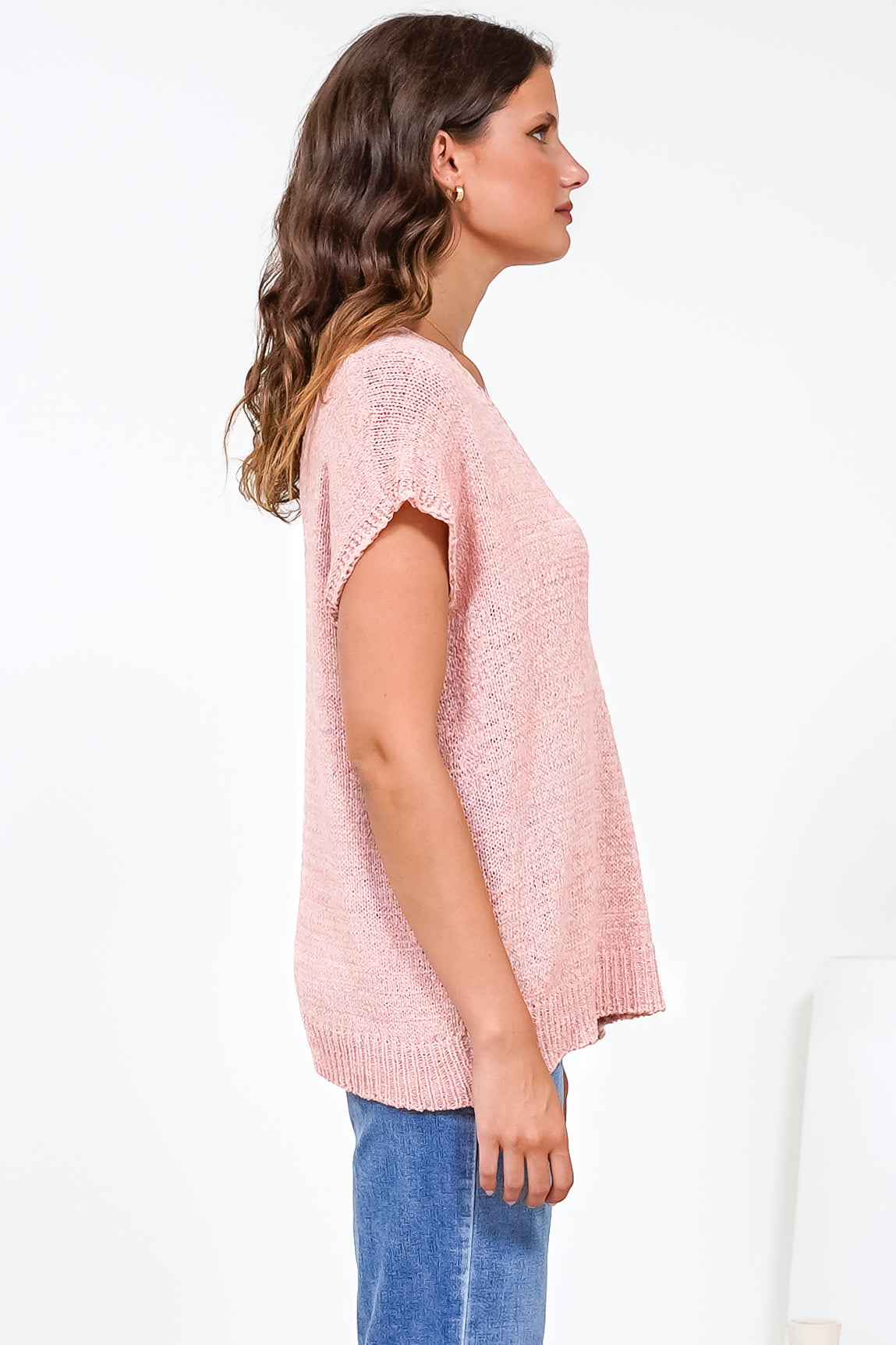 Millicent Knit Top - Relaxed V-Neck Top with Ribbed Hemline in Blush