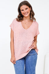 Millicent Knit Top - Relaxed V-Neck Top with Ribbed Hemline in Blush