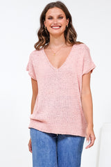 Millicent Knit Top - Relaxed V-Neck Top with Ribbed Hemline in Blush