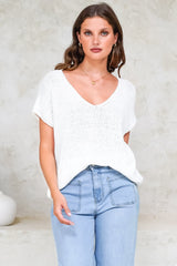 Millicent Knit Top - Relaxed V-Neck Top with Ribbed Hemline in White