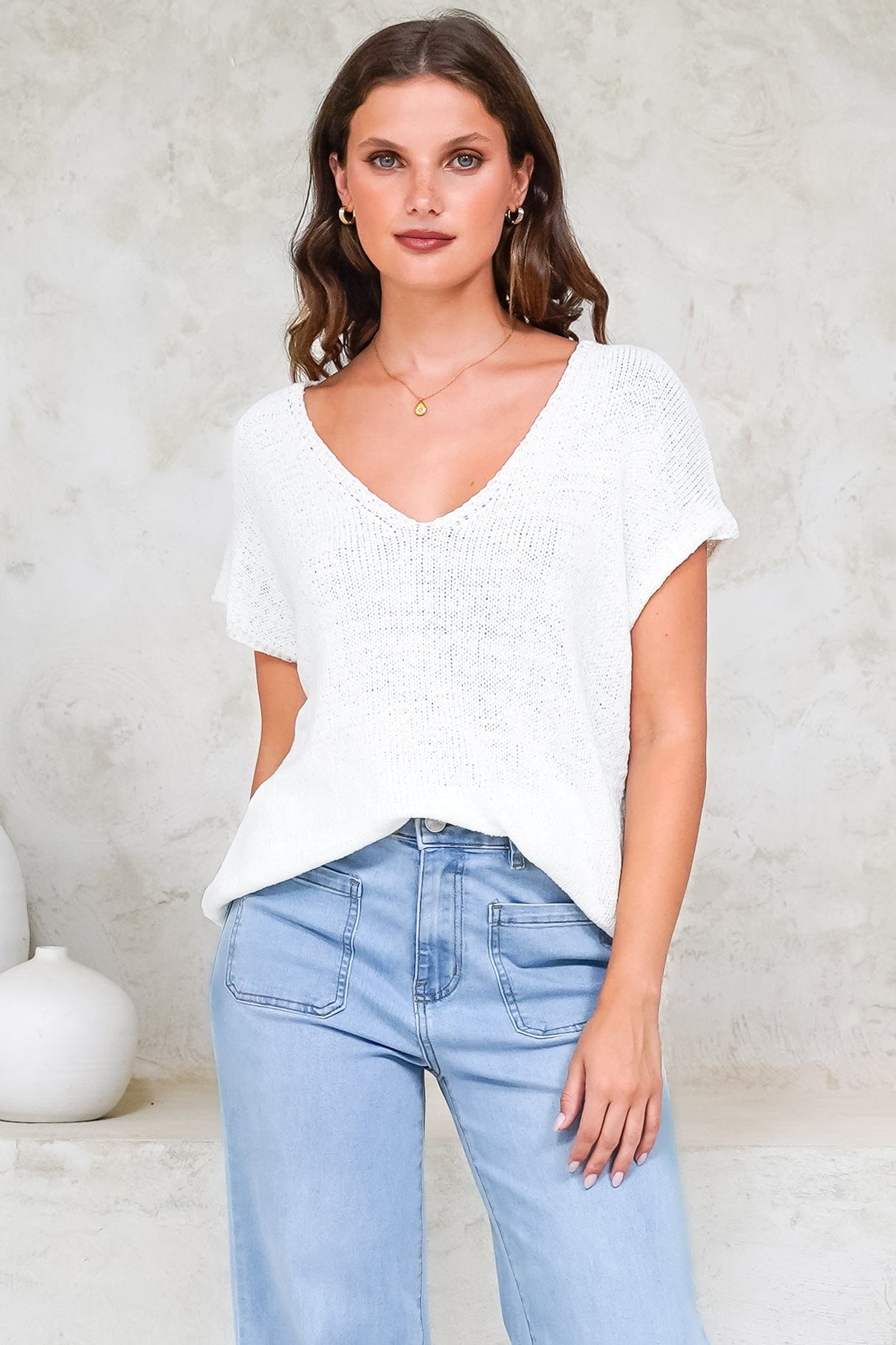 Millicent Knit Top - Relaxed V-Neck Top with Ribbed Hemline in White