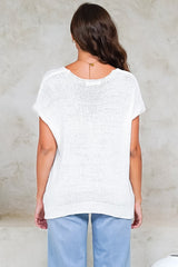 Millicent Knit Top - Relaxed V-Neck Top with Ribbed Hemline in White