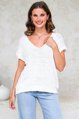 Millicent Knit Top - Relaxed V-Neck Top with Ribbed Hemline in White