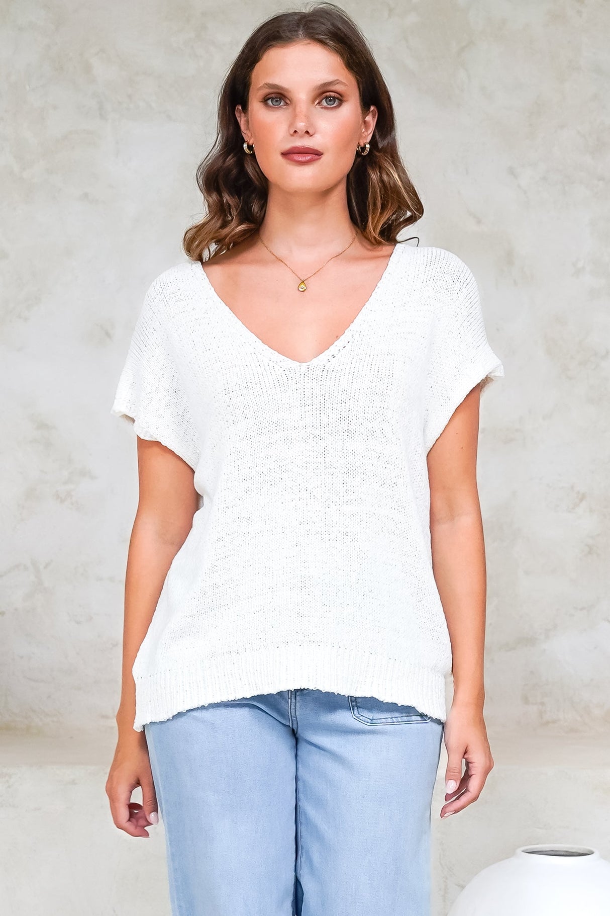 Millicent Knit Top - Relaxed V-Neck Top with Ribbed Hemline in White