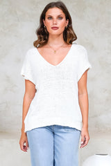 Millicent Knit Top - Relaxed V-Neck Top with Ribbed Hemline in White