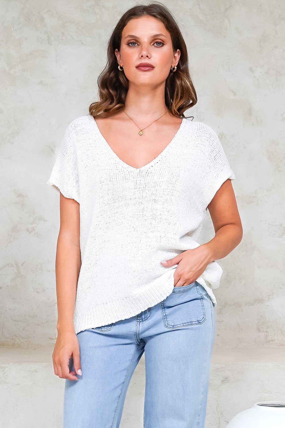 Millicent Knit Top - Relaxed V-Neck Top with Ribbed Hemline in White