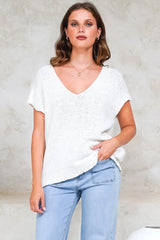 Millicent Knit Top - Relaxed V-Neck Top with Ribbed Hemline in White