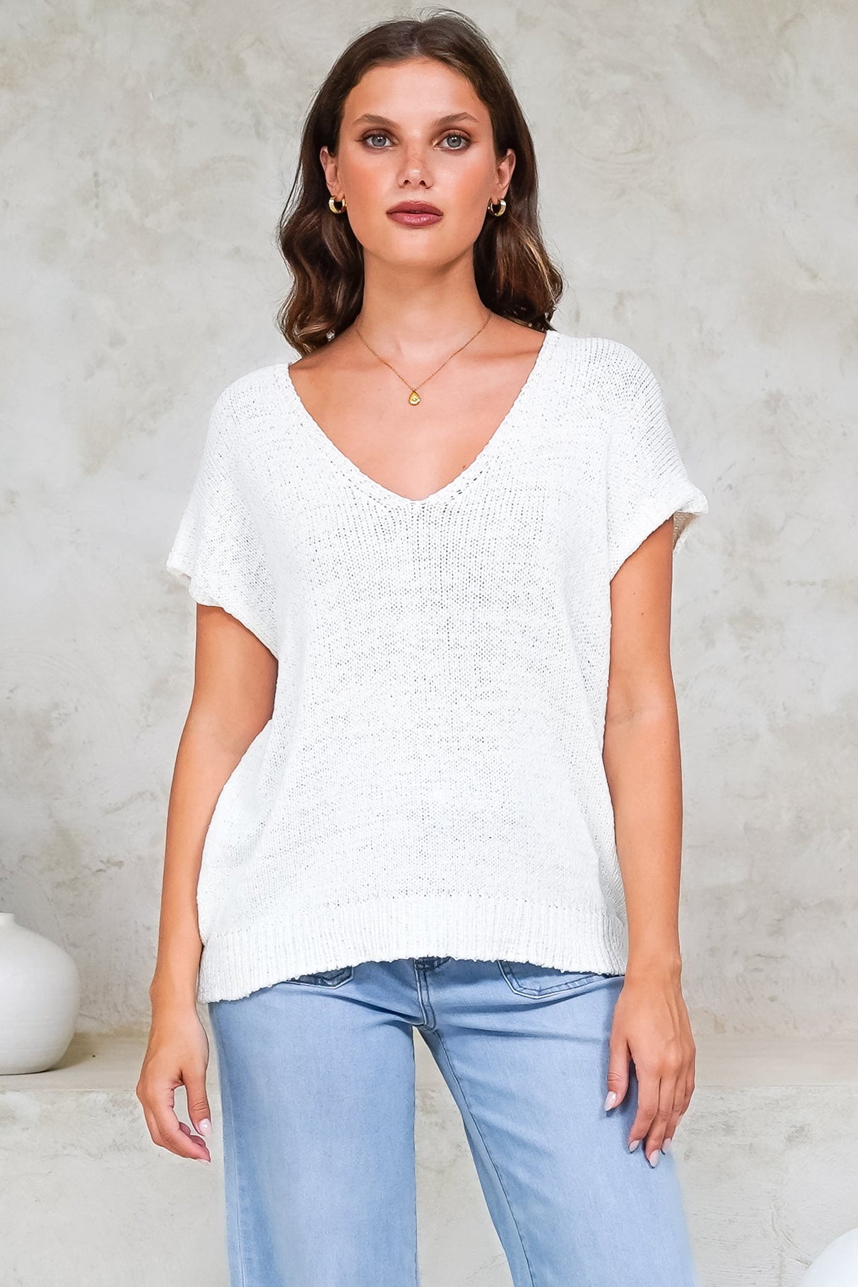 Millicent Knit Top - Relaxed V-Neck Top with Ribbed Hemline in White