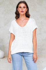 Millicent Knit Top - Relaxed V-Neck Top with Ribbed Hemline in White