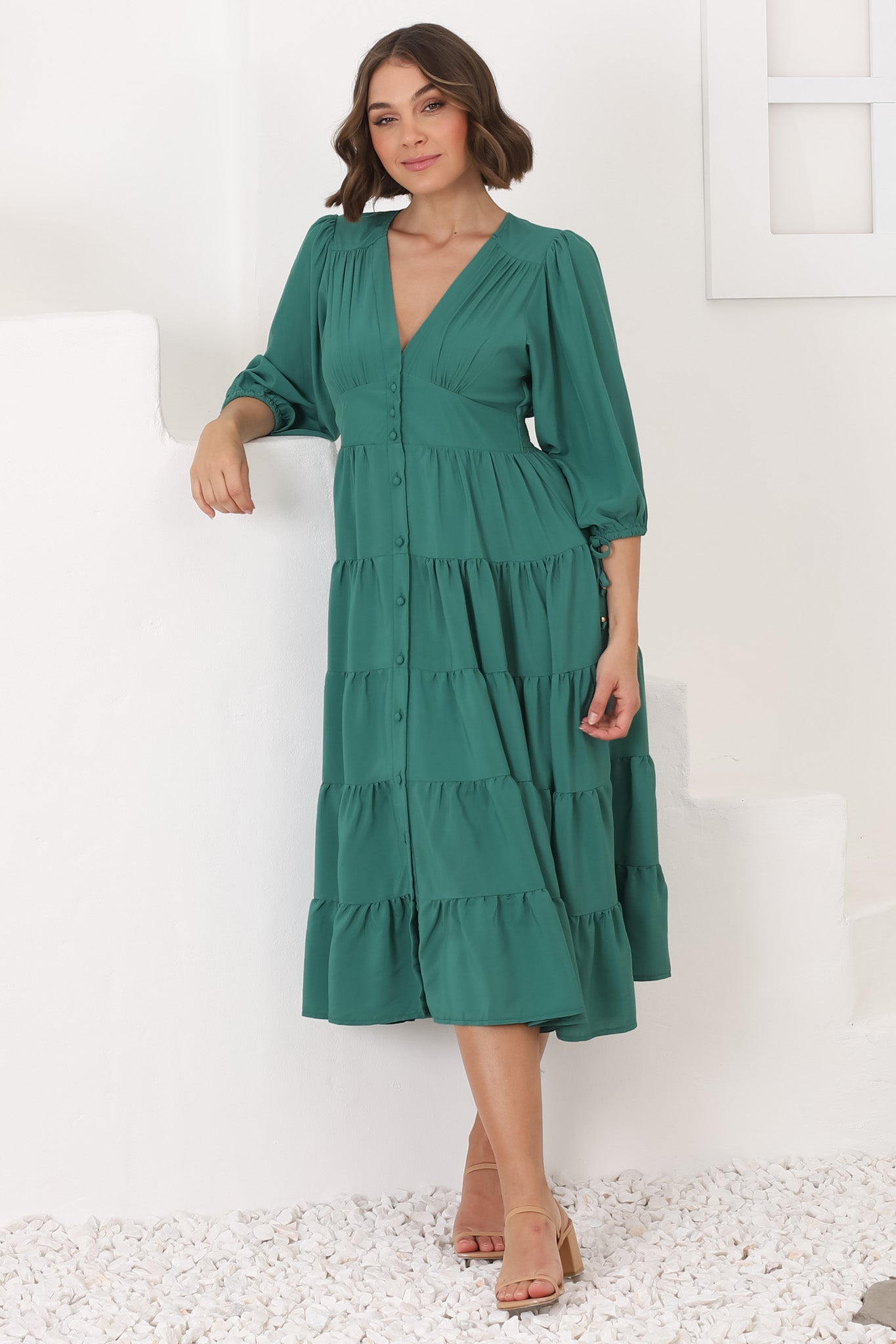 Milly Midi Dress - Tiered Button Down 3/4 Sleeve Dress in Green