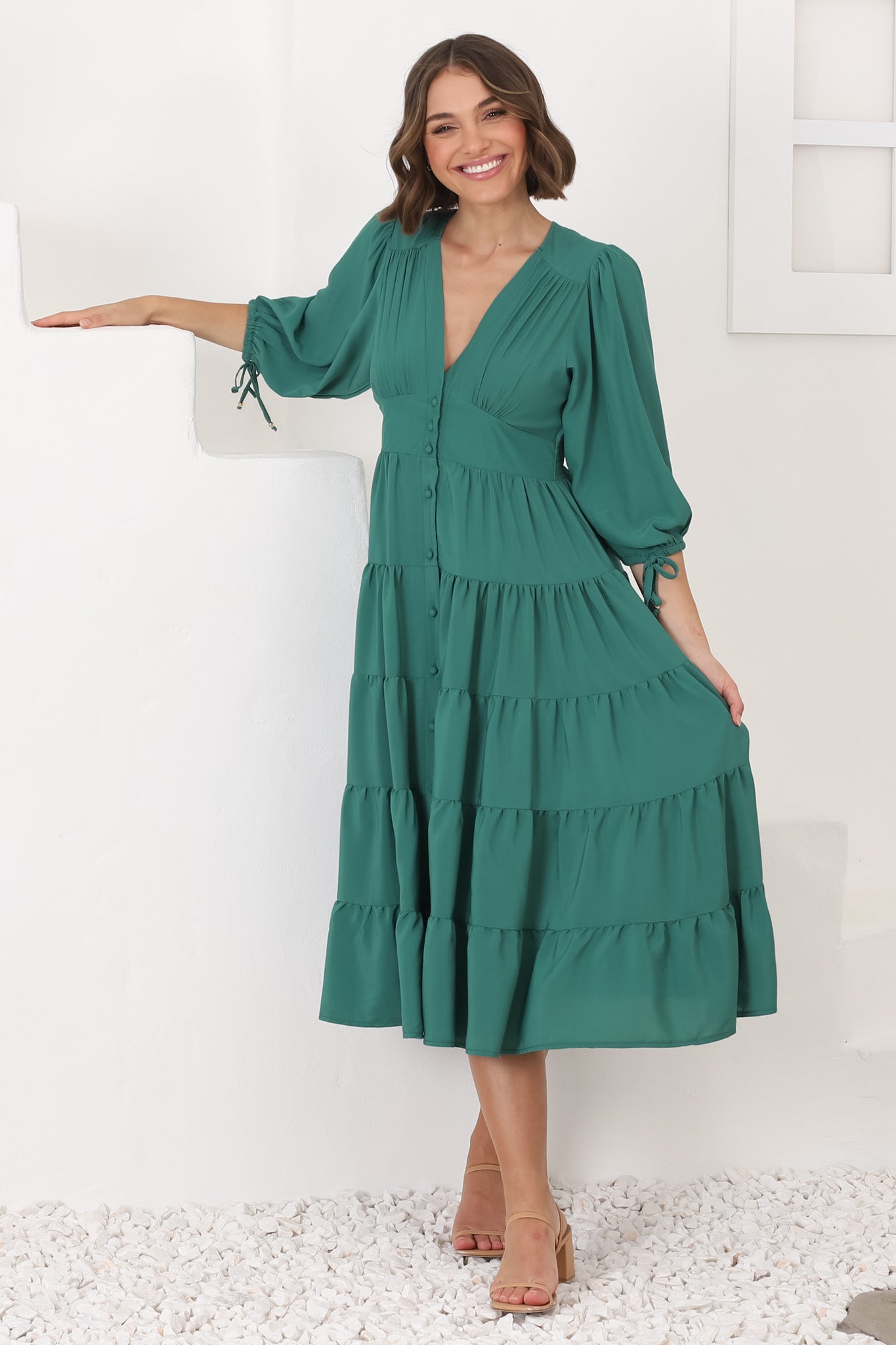 Milly Midi Dress - Tiered Button Down 3/4 Sleeve Dress in Green