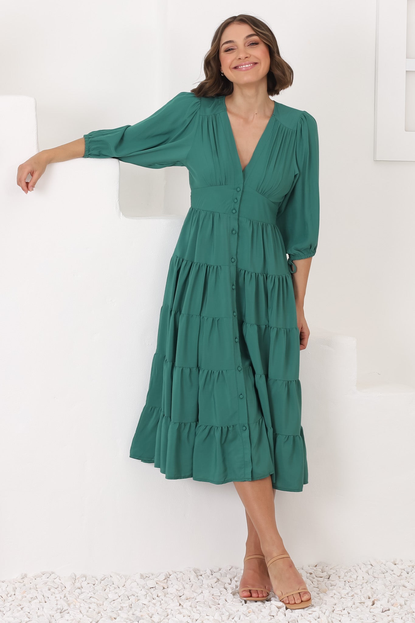 Milly Midi Dress - Tiered Button Down 3/4 Sleeve Dress in Green