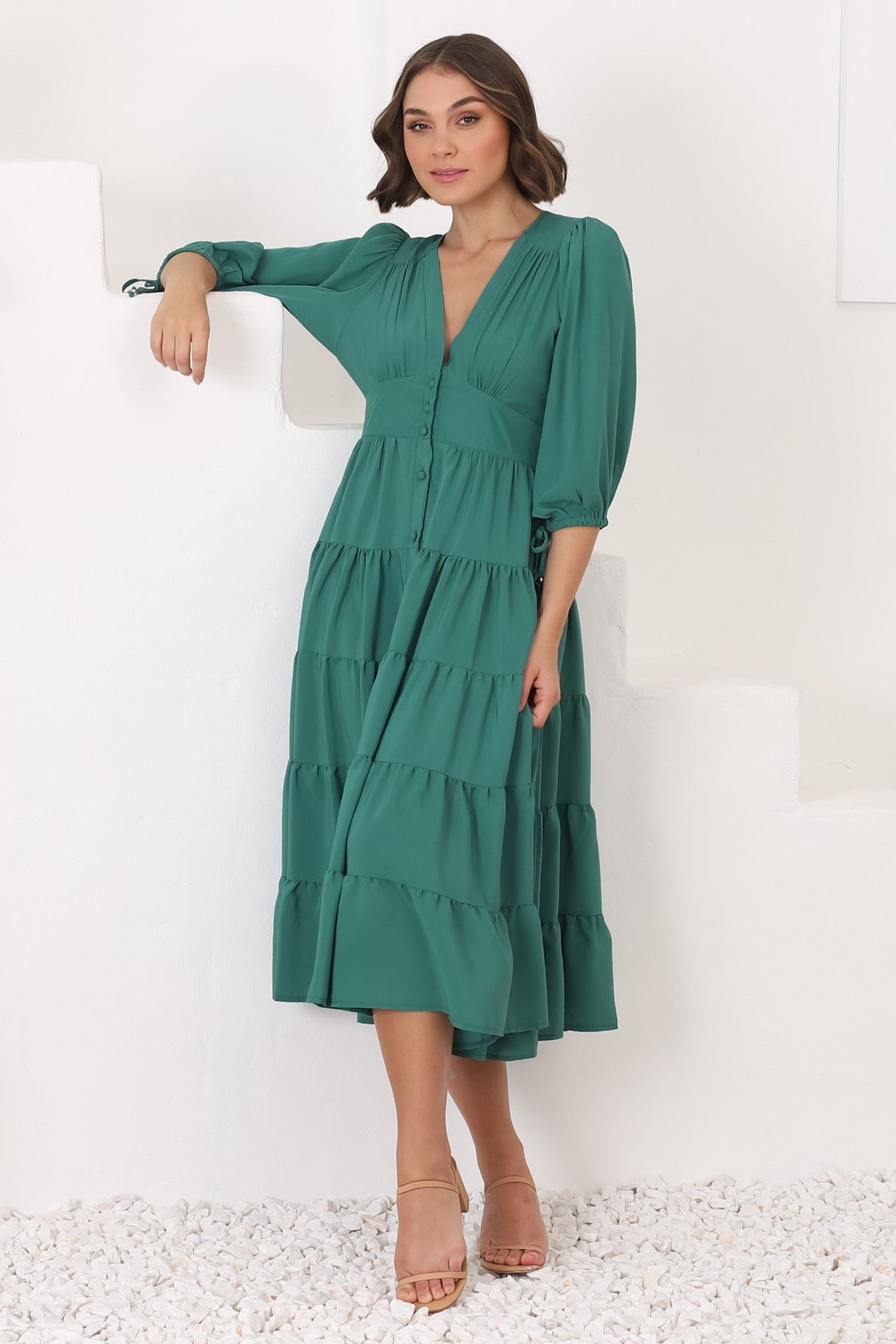 Milly Midi Dress - Tiered Button Down 3/4 Sleeve Dress in Green