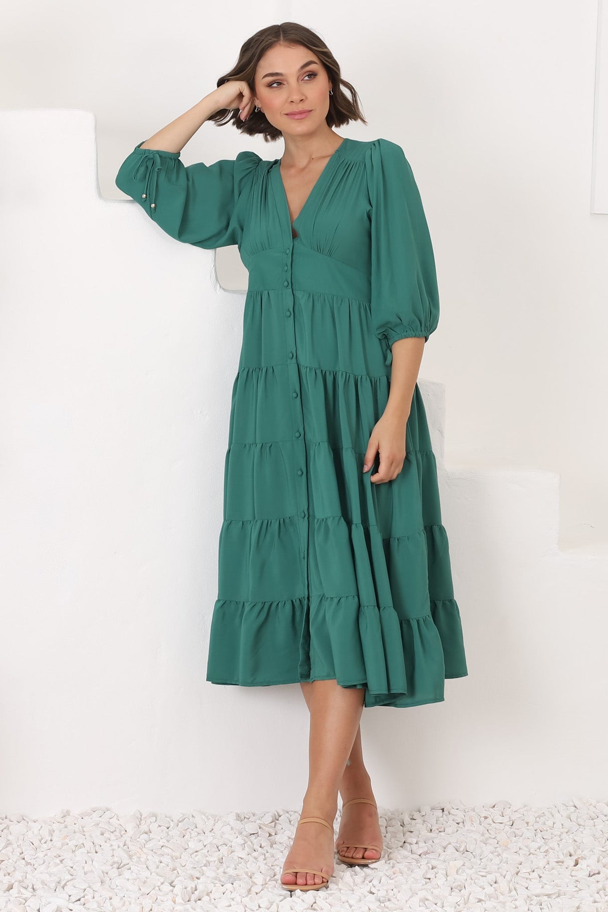 Milly Midi Dress - Tiered Button Down 3/4 Sleeve Dress in Green