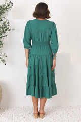 Milly Midi Dress - Tiered Button Down 3/4 Sleeve Dress in Green