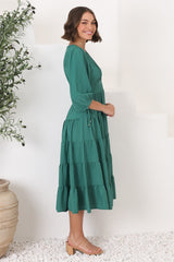 Milly Midi Dress - Tiered Button Down 3/4 Sleeve Dress in Green