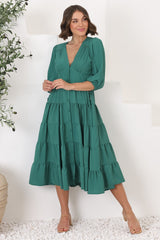 Milly Midi Dress - Tiered Button Down 3/4 Sleeve Dress in Green