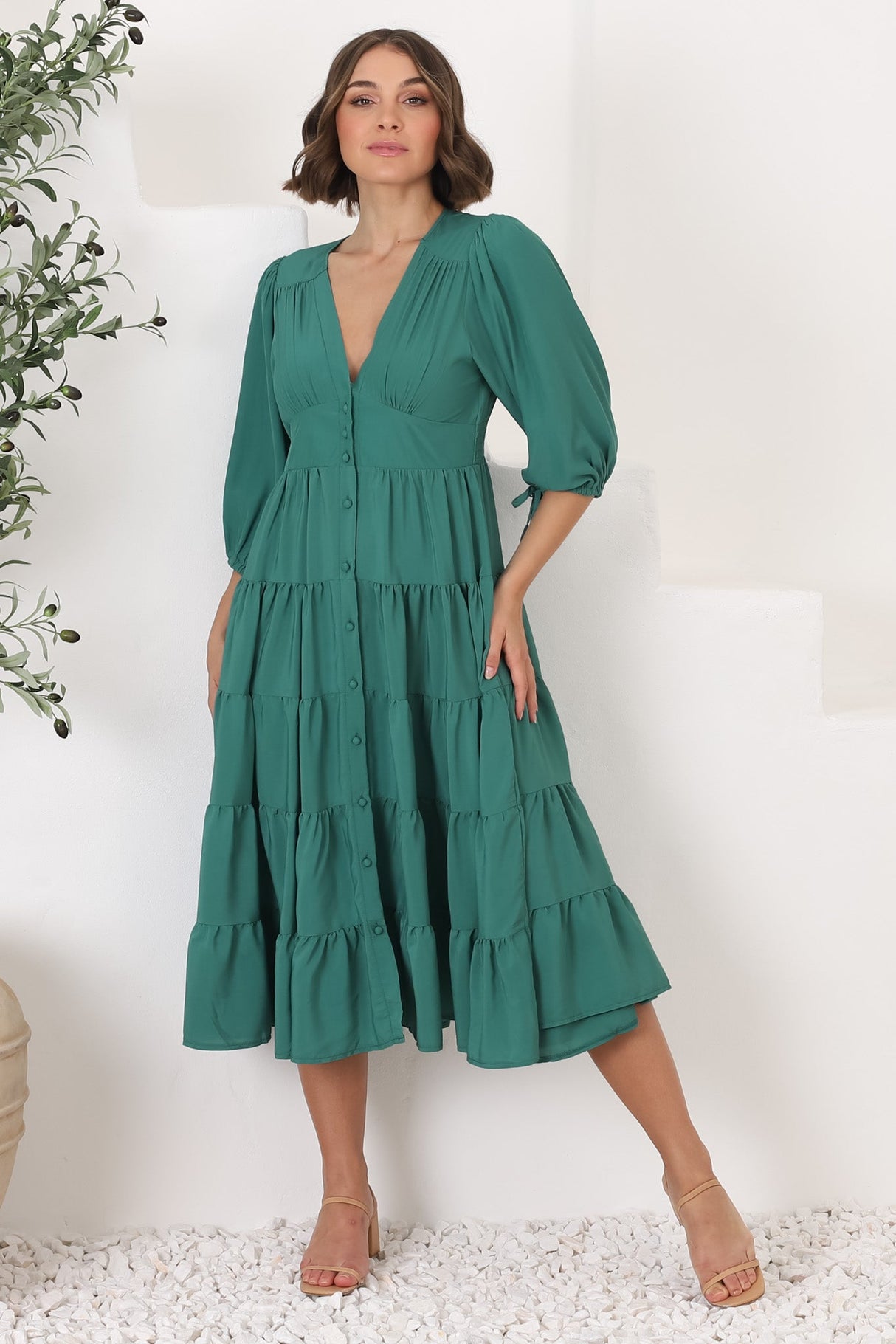 Milly Midi Dress - Tiered Button Down 3/4 Sleeve Dress in Green