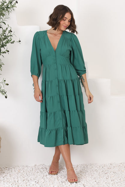 Milly Midi Dress - Tiered Button Down 3/4 Sleeve Dress in Green