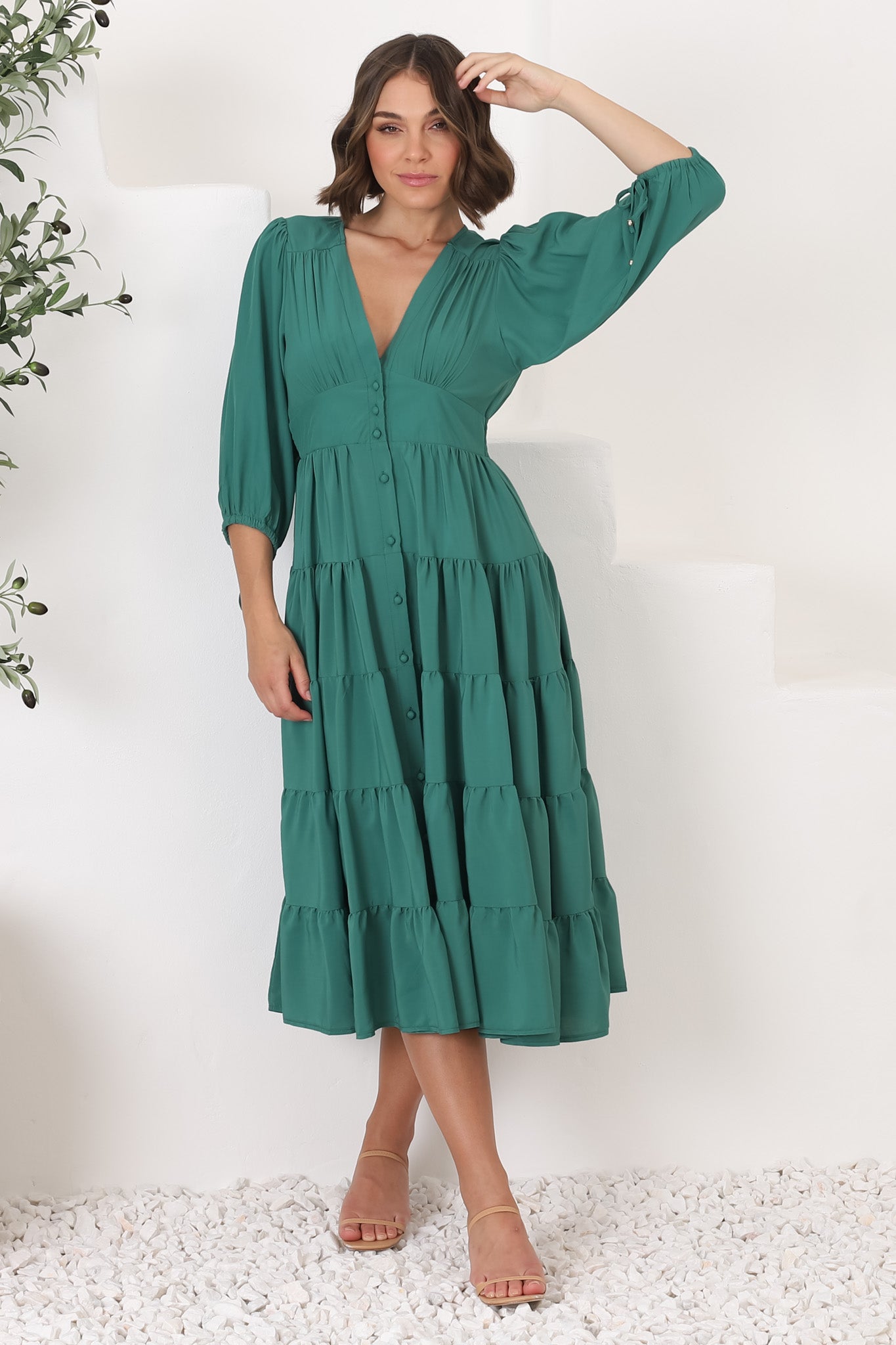 Milly Midi Dress - Tiered Button Down 3/4 Sleeve Dress in Green