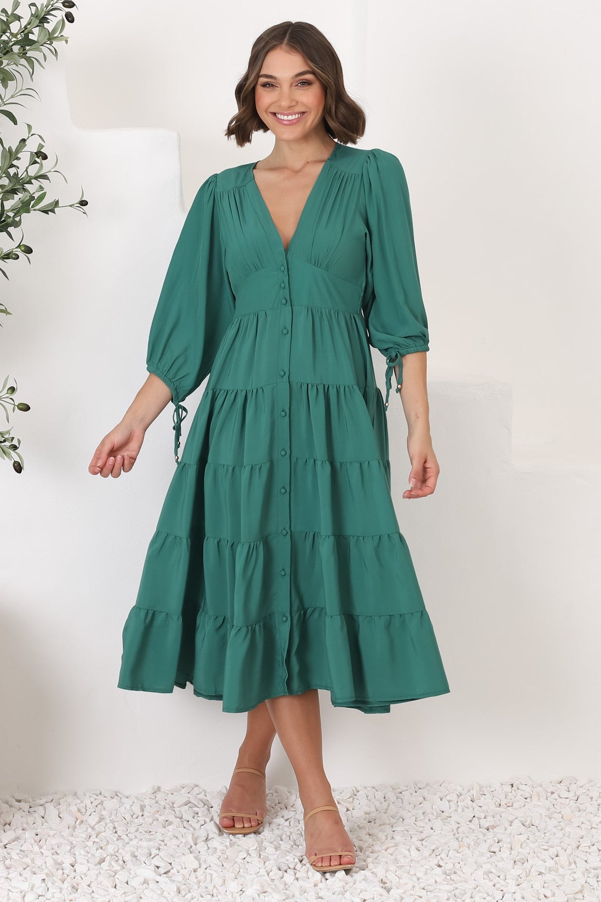 Milly Midi Dress - Tiered Button Down 3/4 Sleeve Dress in Green