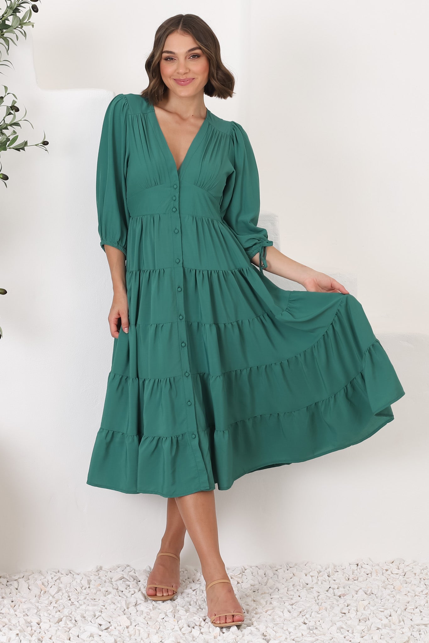 Milly Midi Dress - Tiered Button Down 3/4 Sleeve Dress in Green