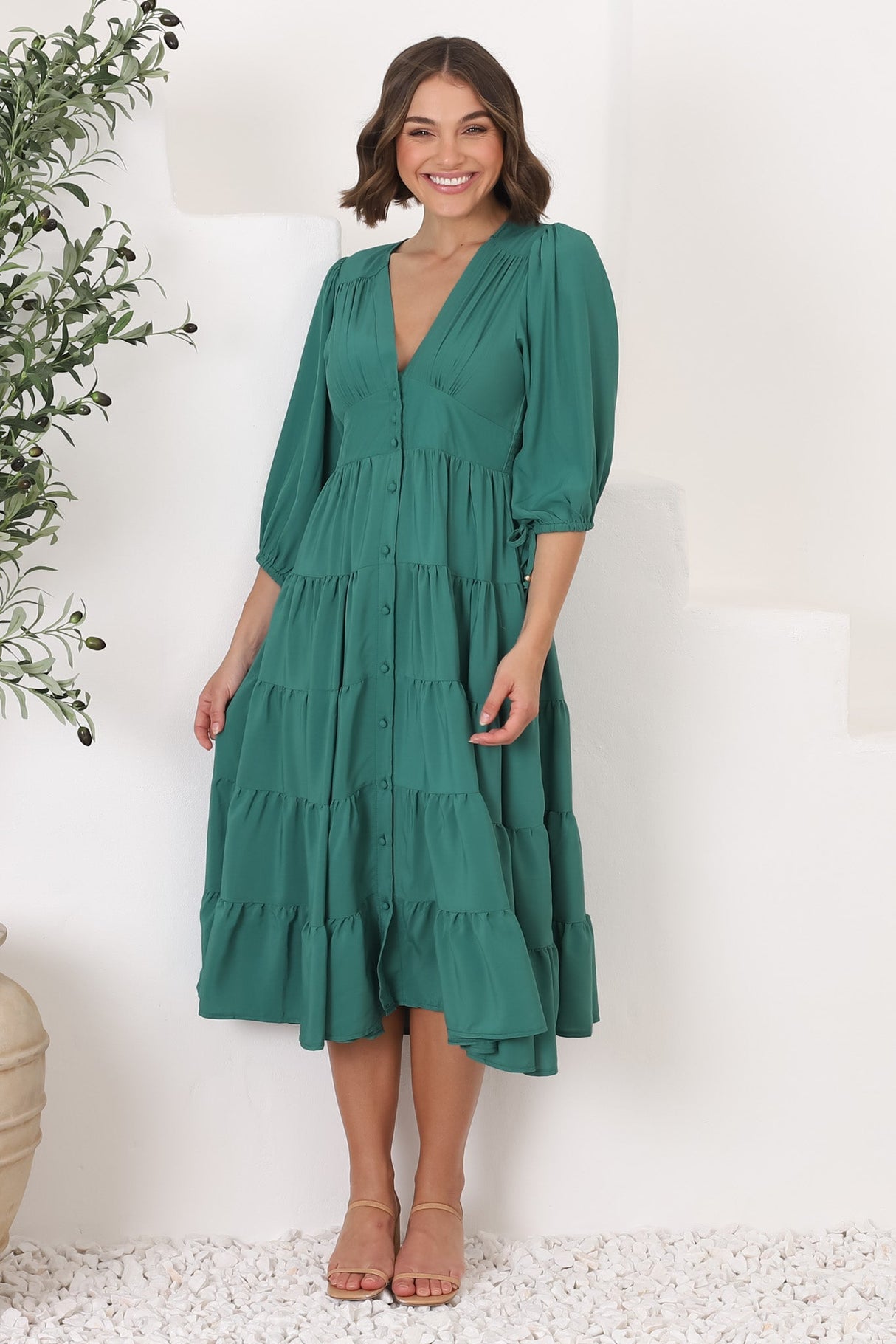 Milly Midi Dress - Tiered Button Down 3/4 Sleeve Dress in Green