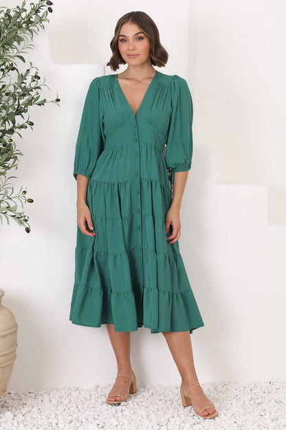 Milly Midi Dress - Tiered Button Down 3/4 Sleeve Dress in Green