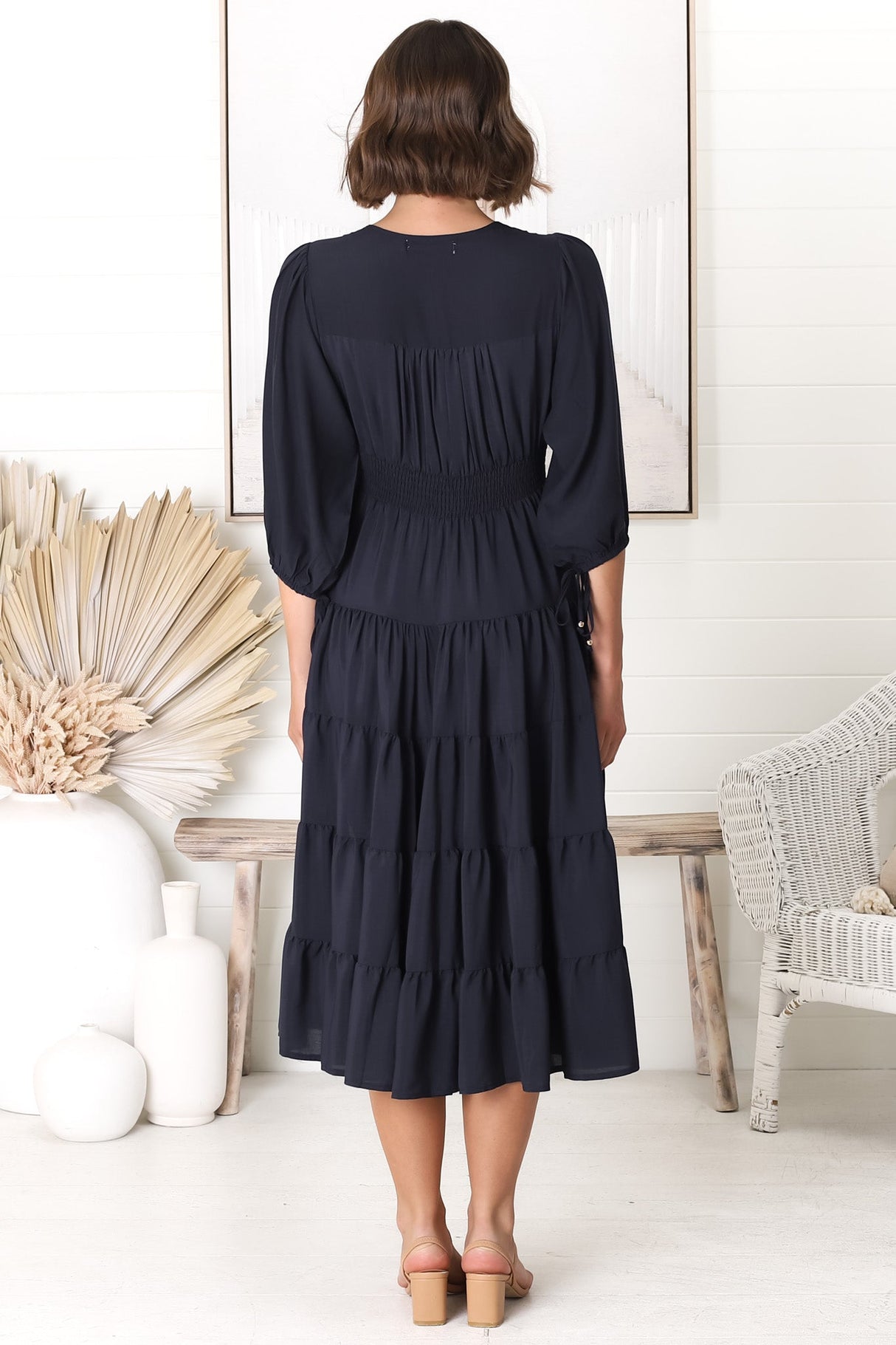 Milly Midi Dress - Tiered Button Down 3/4 Sleeve Dress in Navy