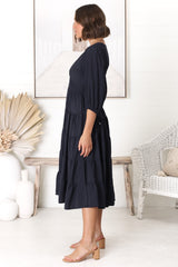 Milly Midi Dress - Tiered Button Down 3/4 Sleeve Dress in Navy