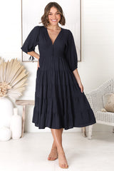 Milly Midi Dress - Tiered Button Down 3/4 Sleeve Dress in Navy