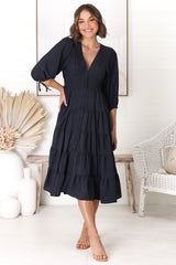 Milly Midi Dress - Tiered Button Down 3/4 Sleeve Dress in Navy