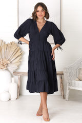 Milly Midi Dress - Tiered Button Down 3/4 Sleeve Dress in Navy