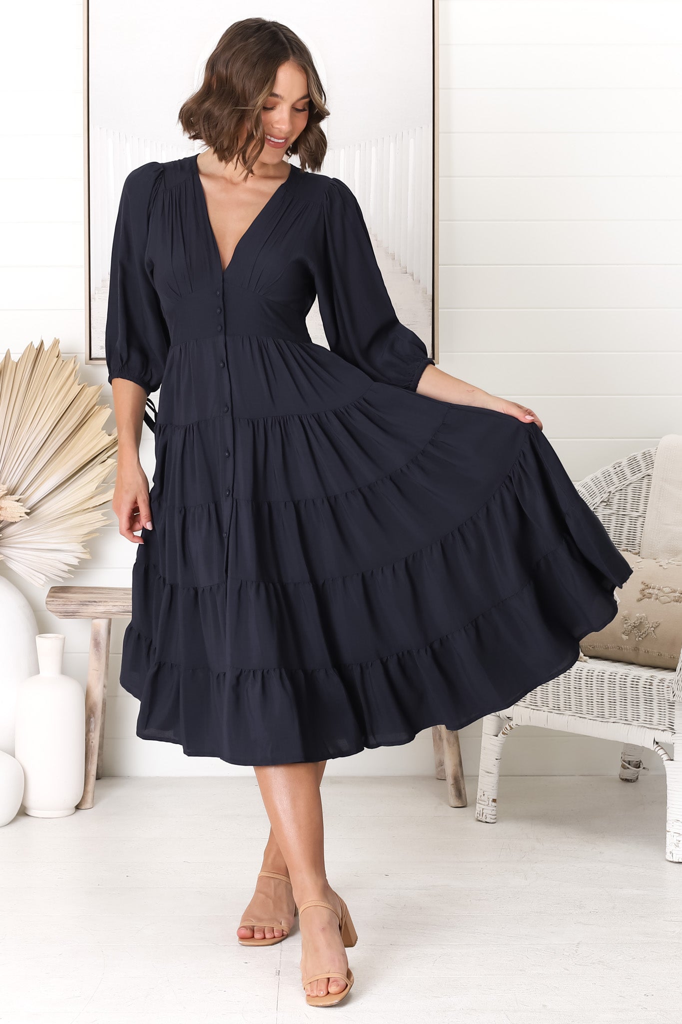 Milly Midi Dress - Tiered Button Down 3/4 Sleeve Dress in Navy