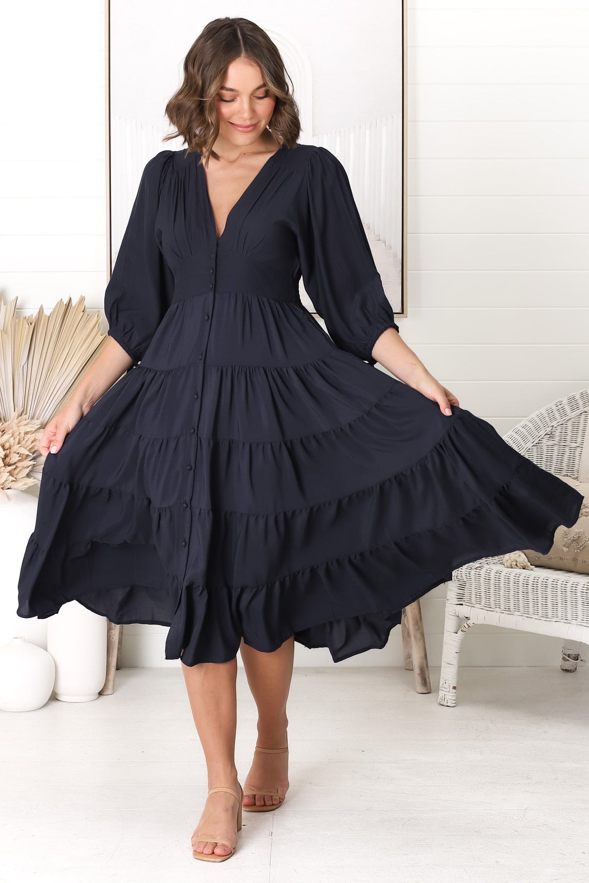 Milly Midi Dress - Tiered Button Down 3/4 Sleeve Dress in Navy