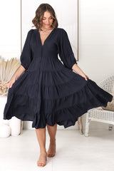 Milly Midi Dress - Tiered Button Down 3/4 Sleeve Dress in Navy