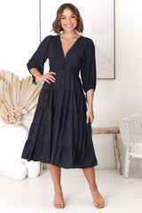 Milly Midi Dress - Tiered Button Down 3/4 Sleeve Dress in Navy