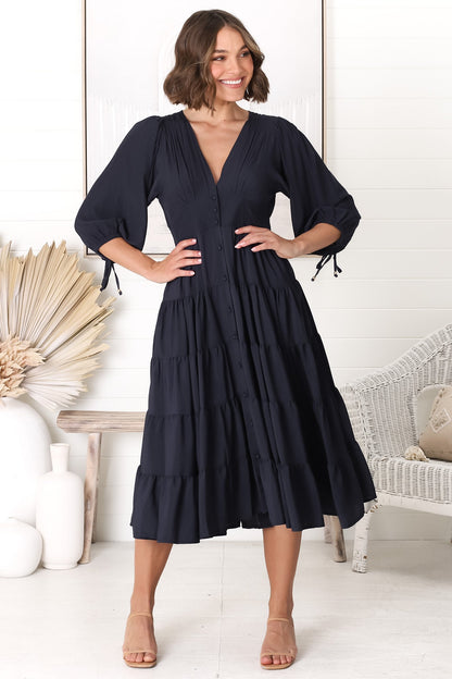 Milly Midi Dress - Tiered Button Down 3/4 Sleeve Dress in Navy