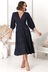 Milly Midi Dress - Tiered Button Down 3/4 Sleeve Dress in Navy