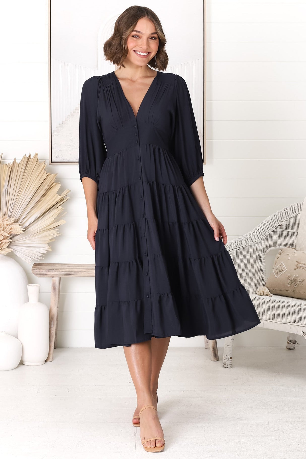 Milly Midi Dress - Tiered Button Down 3/4 Sleeve Dress in Navy