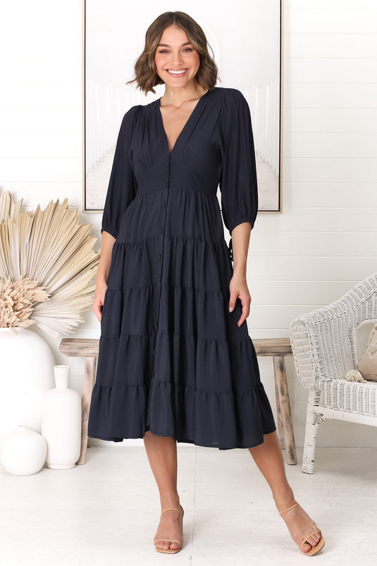 Milly Midi Dress - Tiered Button Down 3/4 Sleeve Dress in Navy