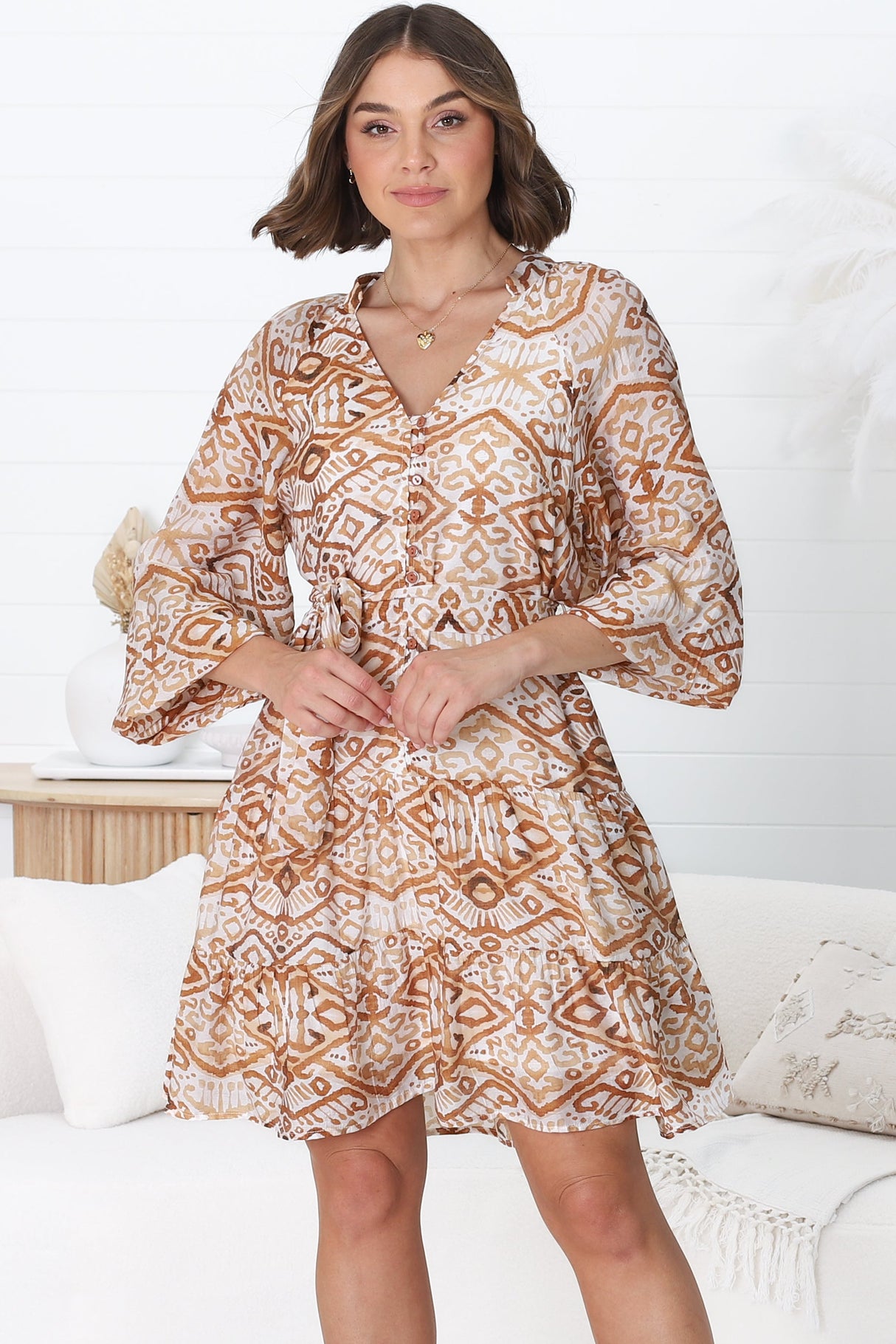 Ina Mini Dress - V Neck Balloon Sleeve Dress with Matching Waist Tie in Umina Print