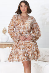 Ina Mini Dress - V Neck Balloon Sleeve Dress with Matching Waist Tie in Umina Print