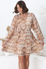 Ina Mini Dress - V Neck Balloon Sleeve Dress with Matching Waist Tie in Umina Print