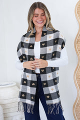 Minka Scarf - Soft Cozy Wrap Scarf with Heart and Check Print in Black